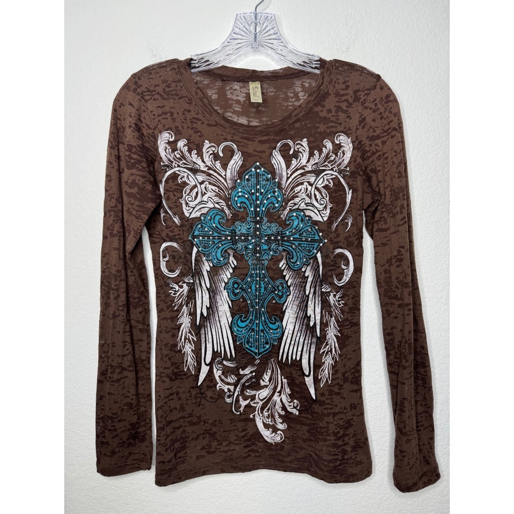 Ritual Womens Brown Burnout Long Sleeve Graphic‎ Cross Wing Rhinestone Top Large